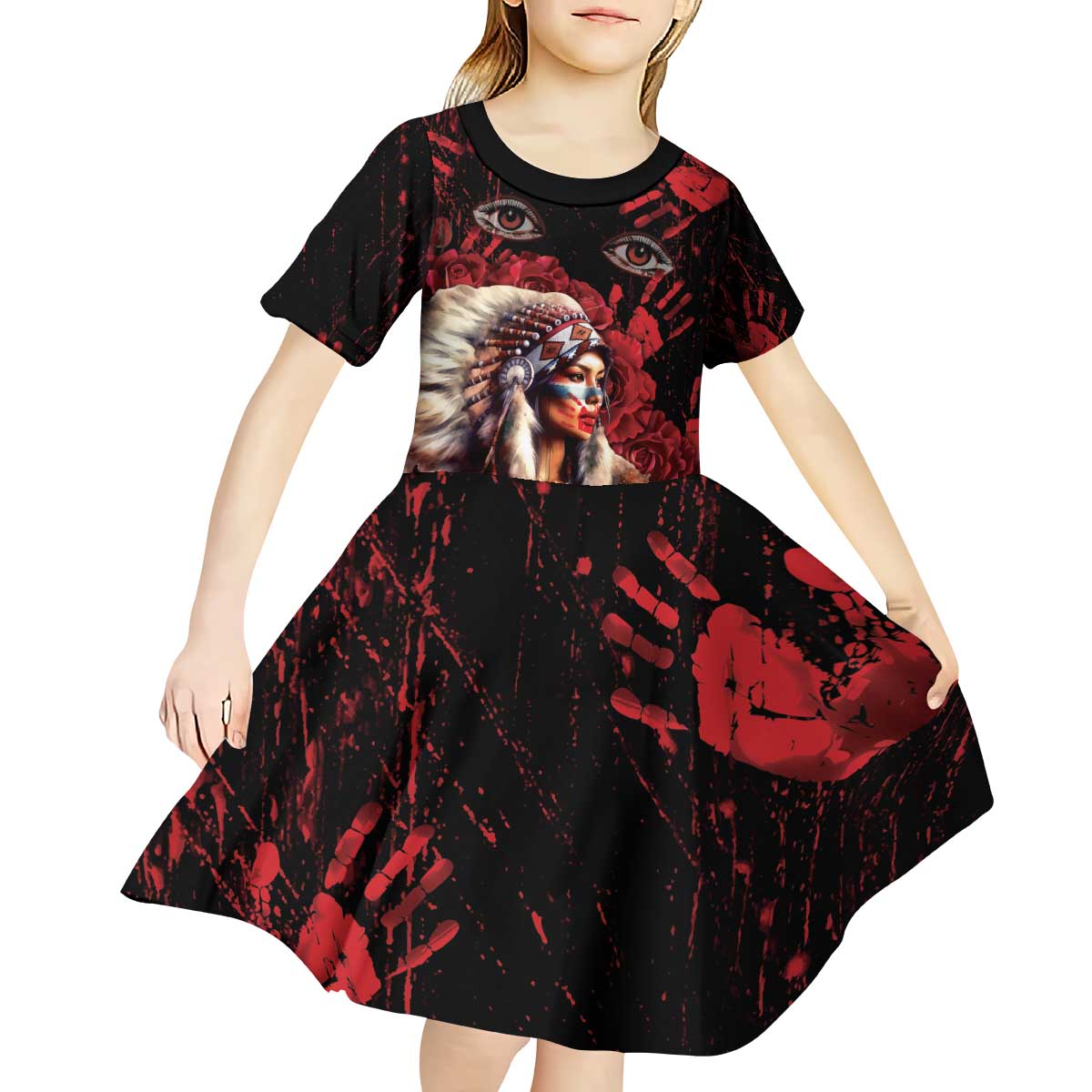 Native American MMIW Kid Short Sleeve Dress Red Indian Women With Red Handprint