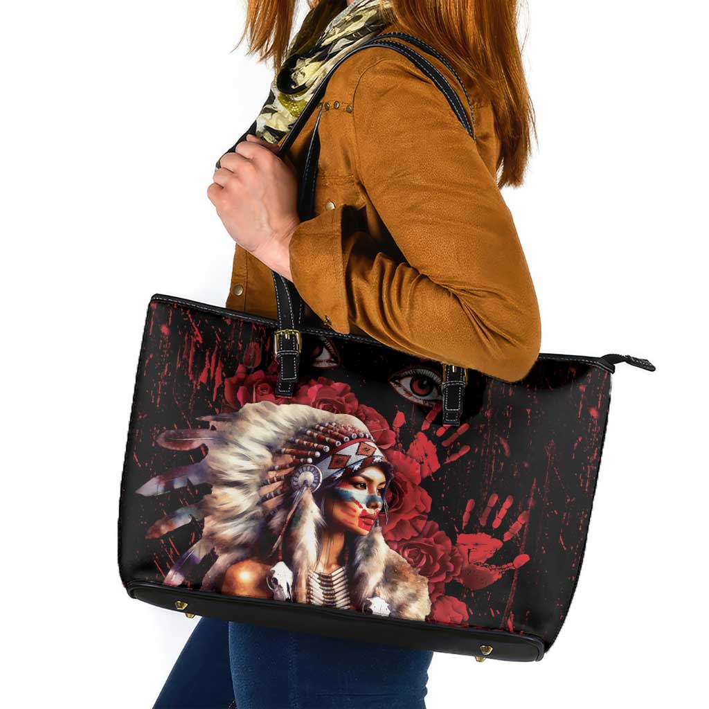 Native American MMIW Leather Tote Bag Red Indian Women With Red Handprint