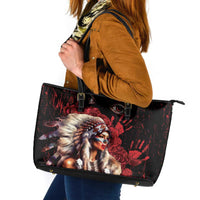 Native American MMIW Leather Tote Bag Red Indian Women With Red Handprint