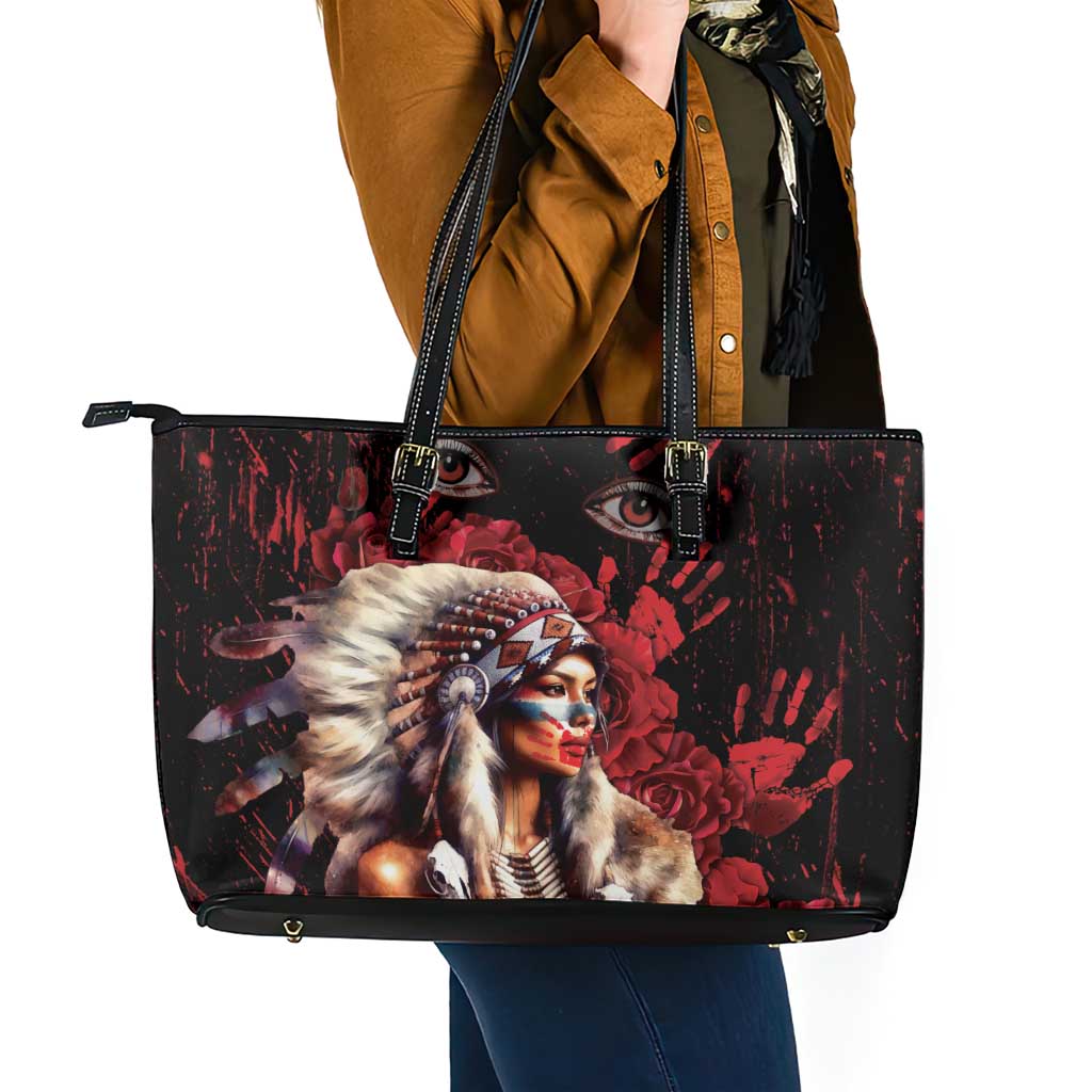 Native American MMIW Leather Tote Bag Red Indian Women With Red Handprint