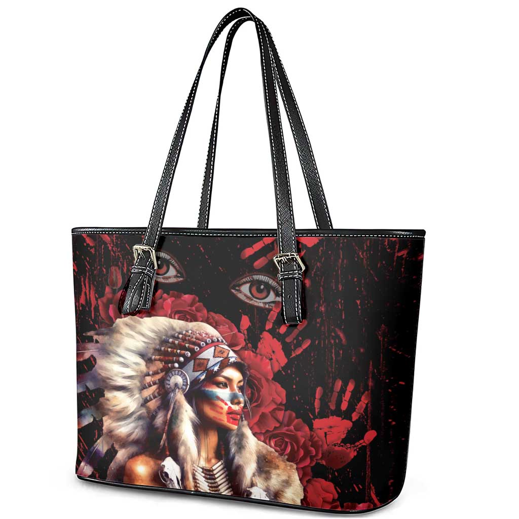 Native American MMIW Leather Tote Bag Red Indian Women With Red Handprint