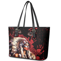 Native American MMIW Leather Tote Bag Red Indian Women With Red Handprint