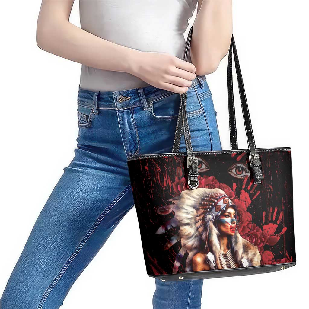 Native American MMIW Leather Tote Bag Red Indian Women With Red Handprint