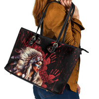 Native American MMIW Leather Tote Bag Red Indian Women With Red Handprint