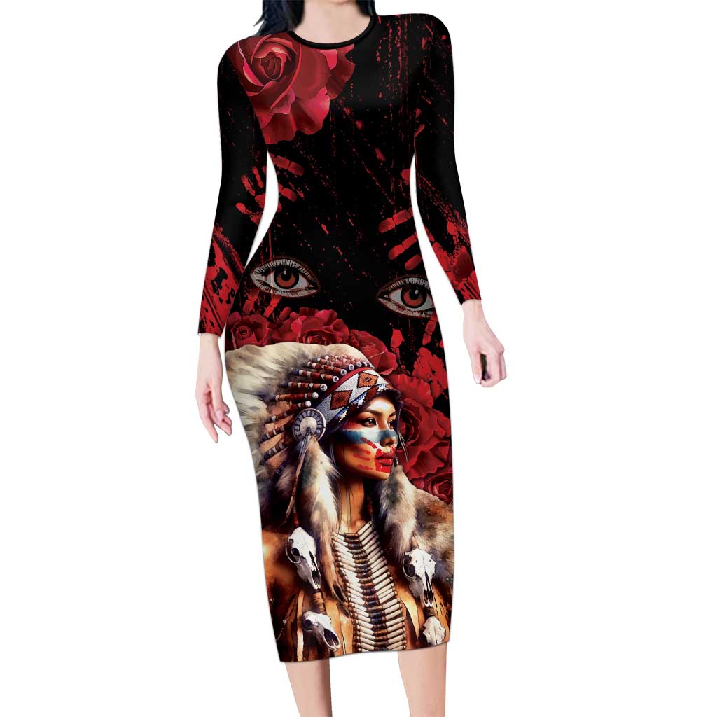 Native American MMIW Long Sleeve Bodycon Dress Red Indian Women With Red Handprint