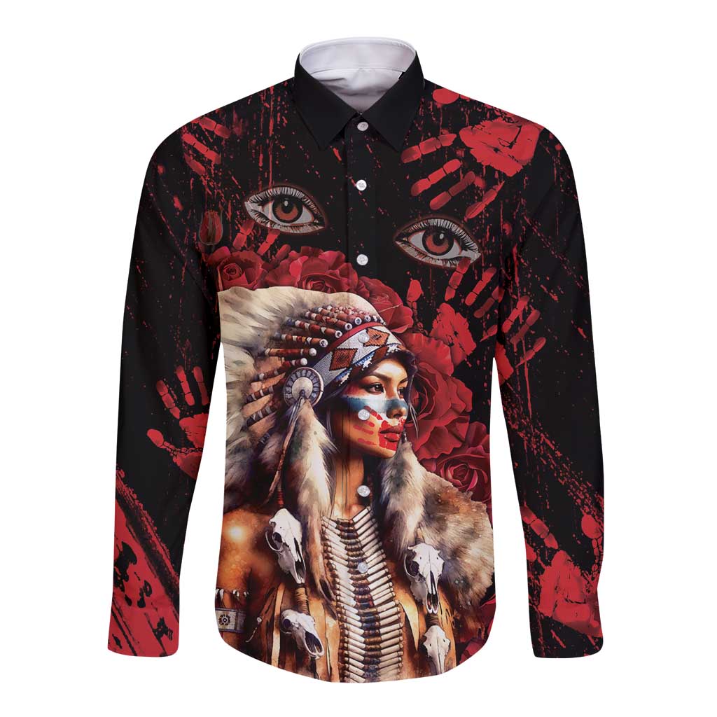 Native American MMIW Long Sleeve Button Shirt Red Indian Women With Red Handprint