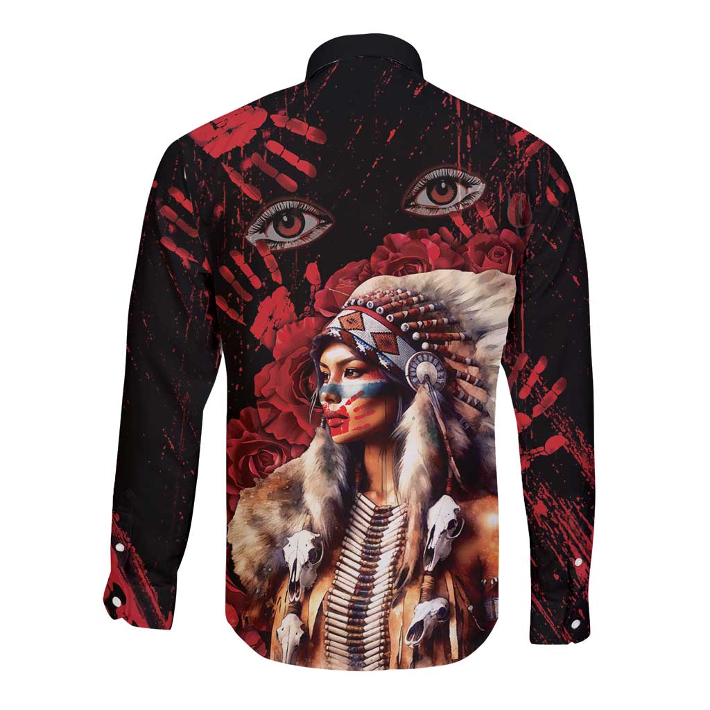 Native American MMIW Long Sleeve Button Shirt Red Indian Women With Red Handprint