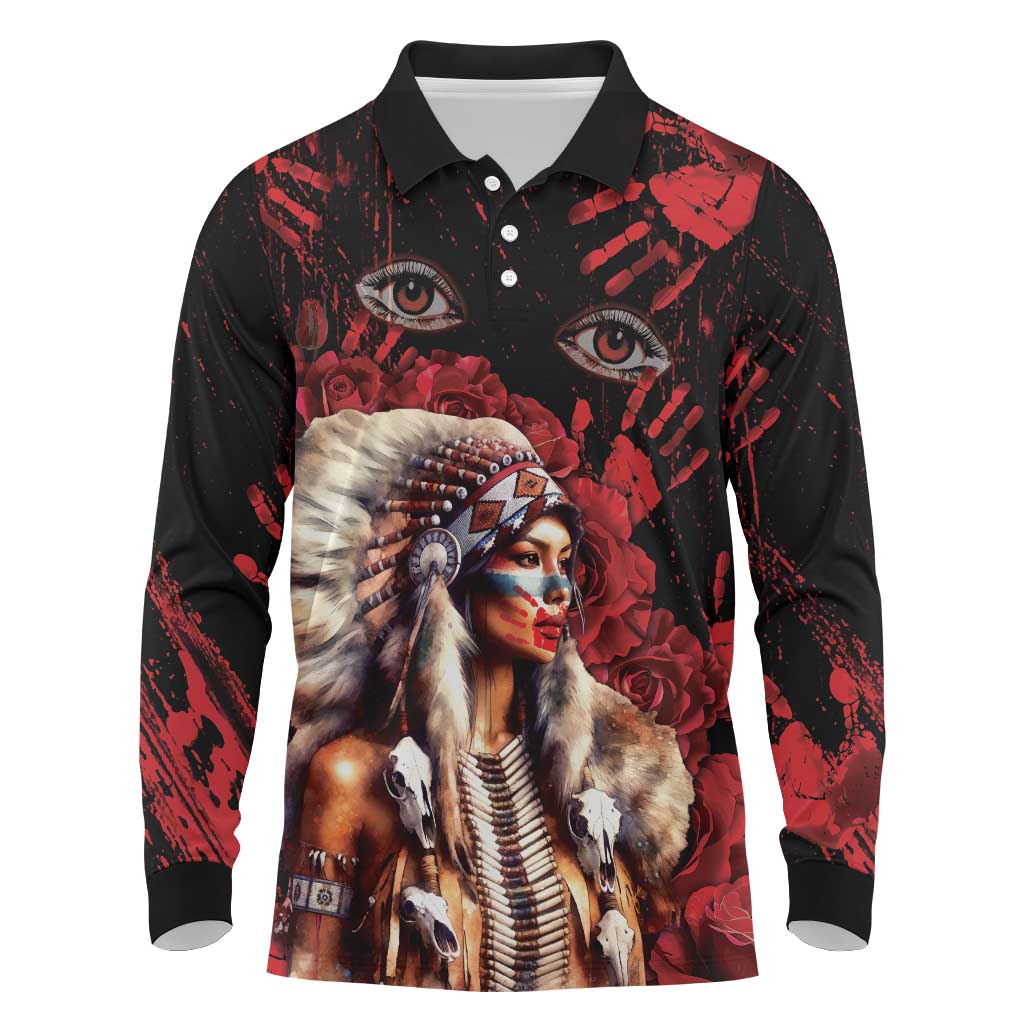 Native American MMIW Long Sleeve Polo Shirt Red Indian Women With Red Handprint