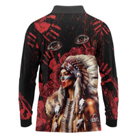Native American MMIW Long Sleeve Polo Shirt Red Indian Women With Red Handprint