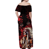 Native American MMIW Off Shoulder Maxi Dress Red Indian Women With Red Handprint