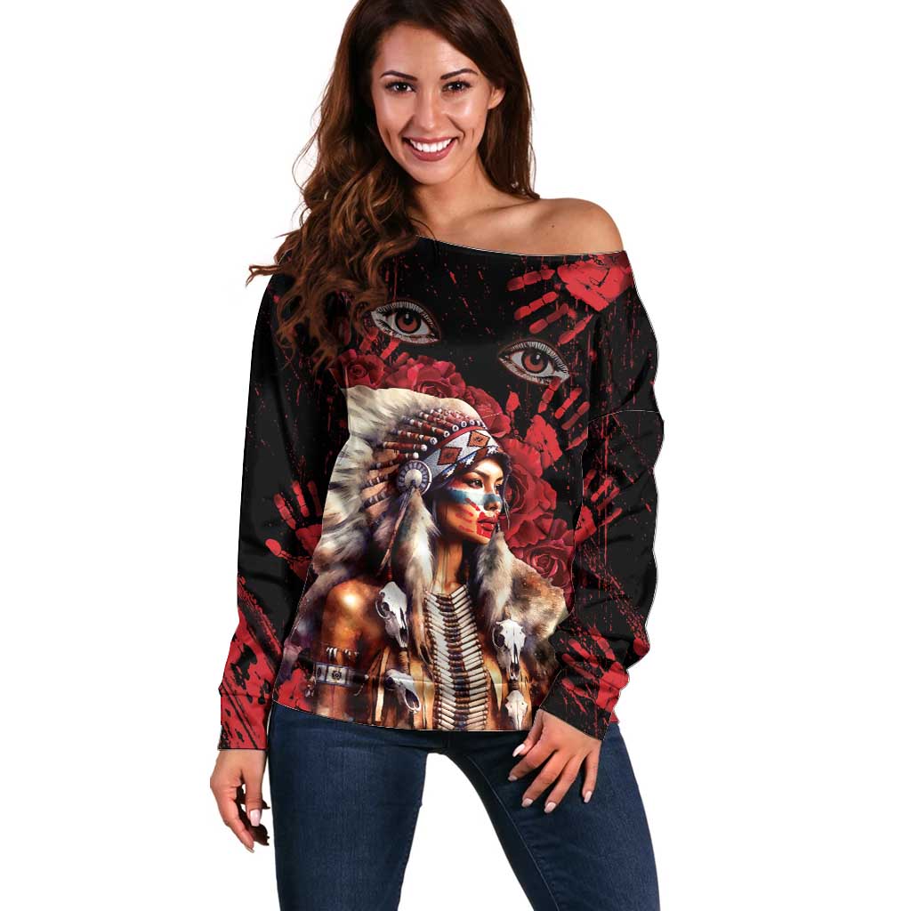 Native American MMIW Off Shoulder Sweater Red Indian Women With Red Handprint