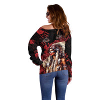 Native American MMIW Off Shoulder Sweater Red Indian Women With Red Handprint