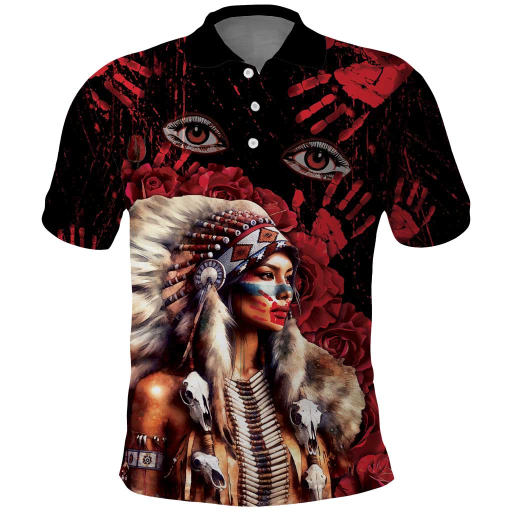 Native American MMIW Polo Shirt Red Indian Women With Red Handprint