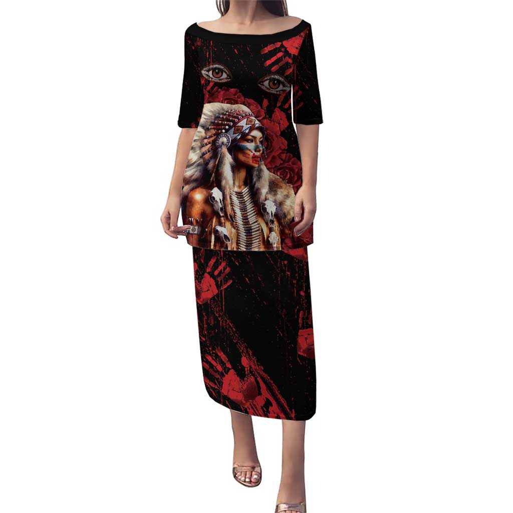 Native American MMIW Puletasi Red Indian Women With Red Handprint