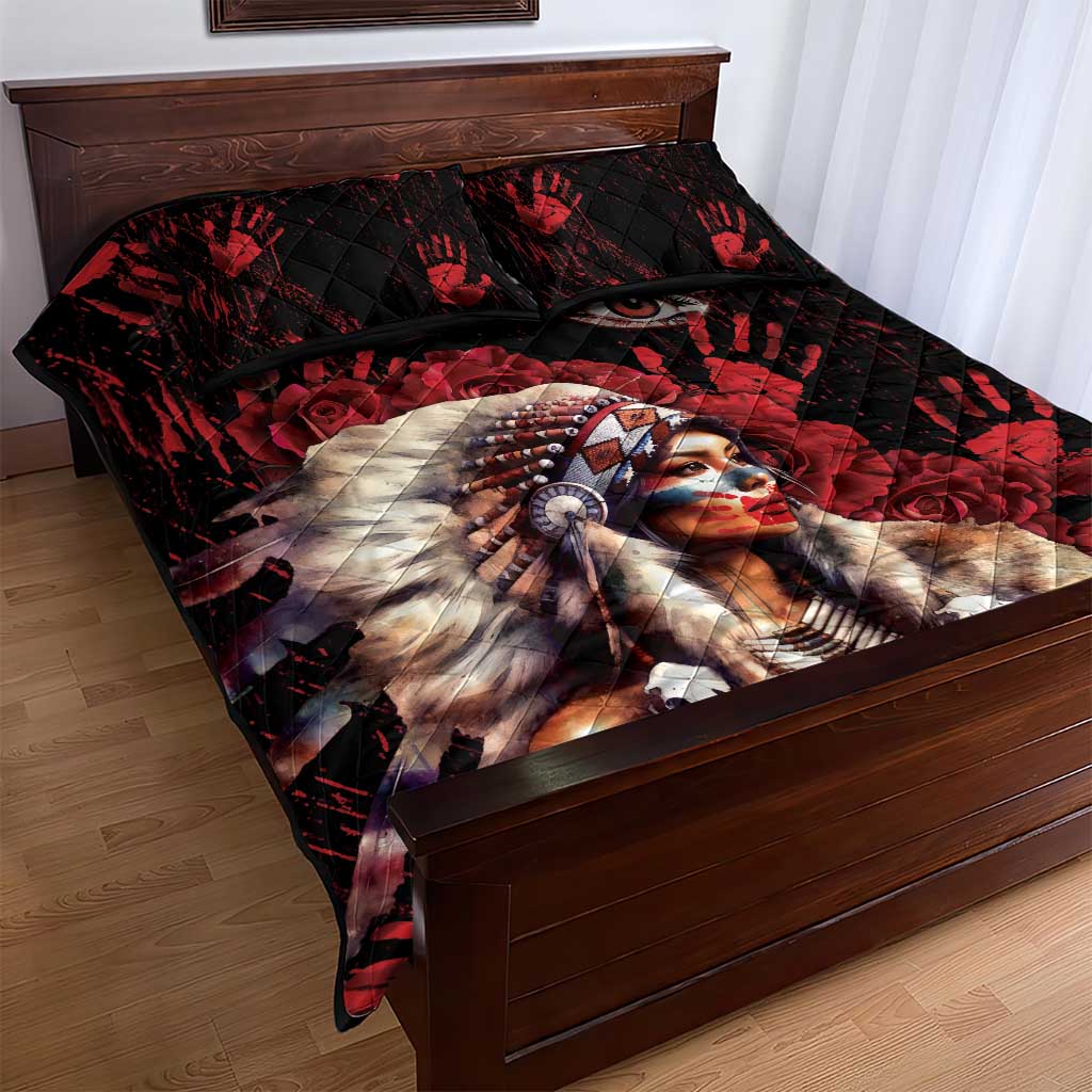 Native American MMIW Quilt Bed Set Red Indian Women With Red Handprint