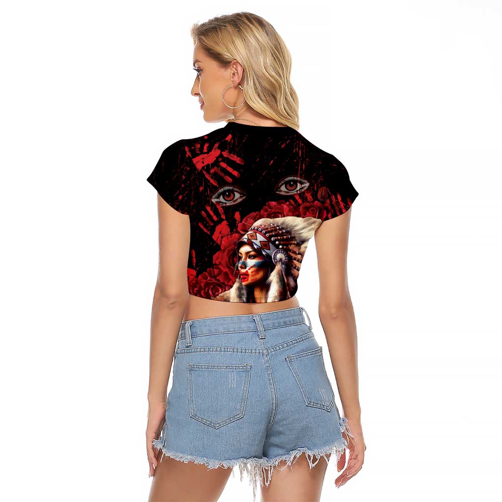 Native American MMIW Raglan Cropped T Shirt Red Indian Women With Red Handprint