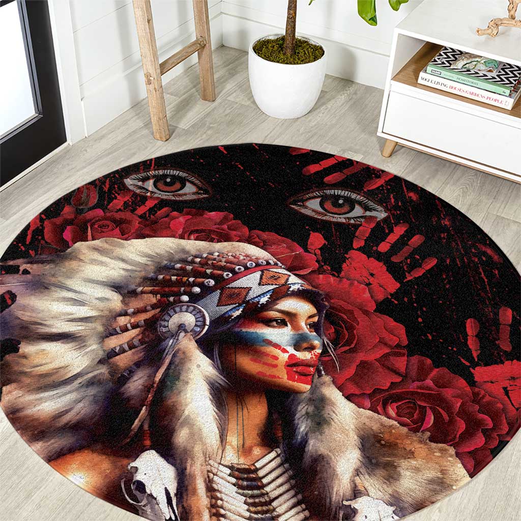 Native American MMIW Round Carpet Red Indian Women With Red Handprint