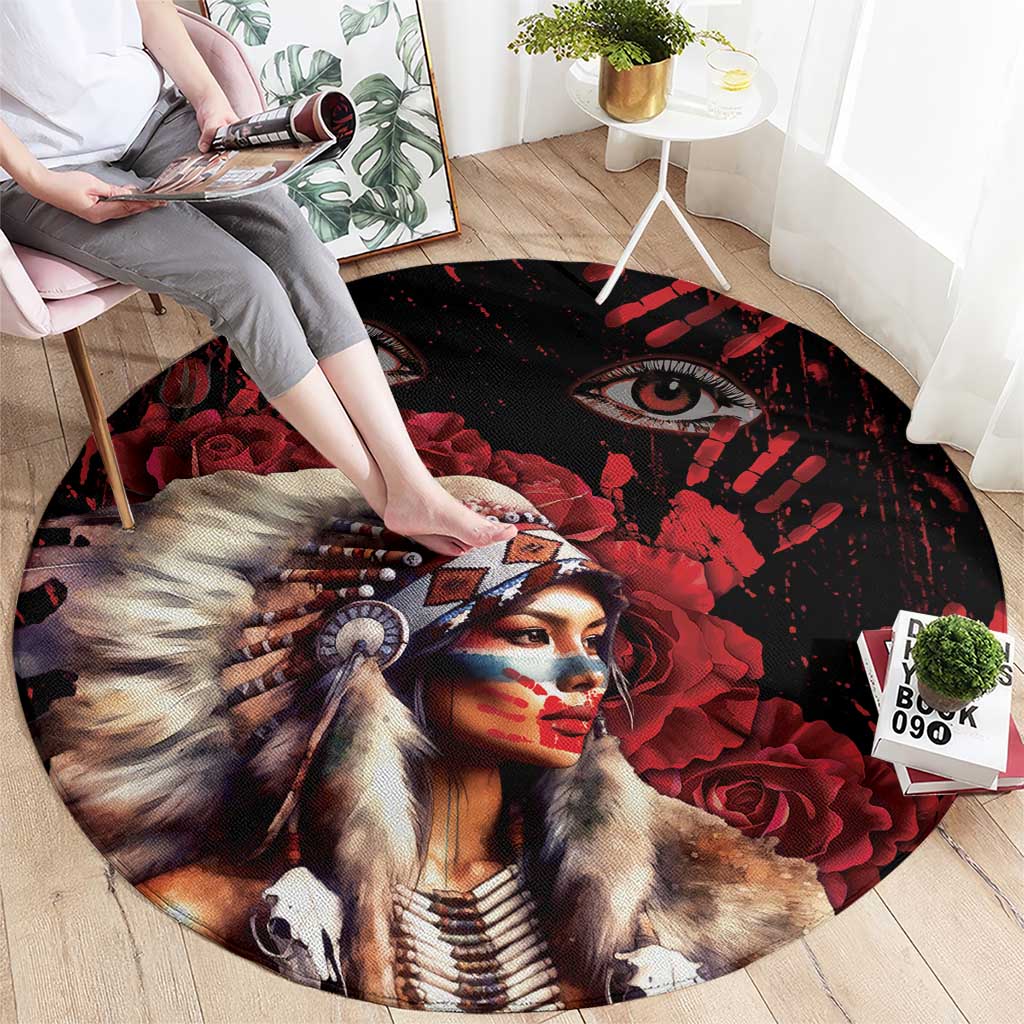 Native American MMIW Round Carpet Red Indian Women With Red Handprint