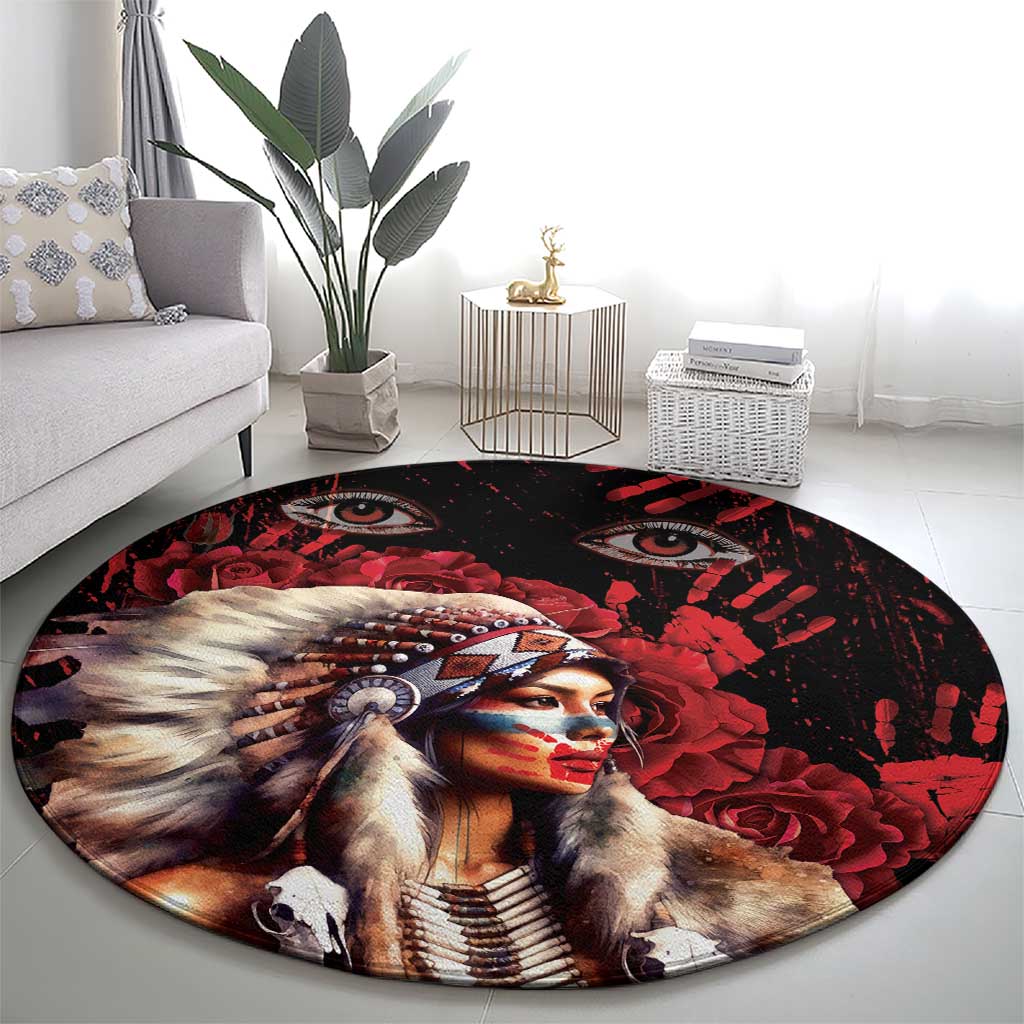Native American MMIW Round Carpet Red Indian Women With Red Handprint