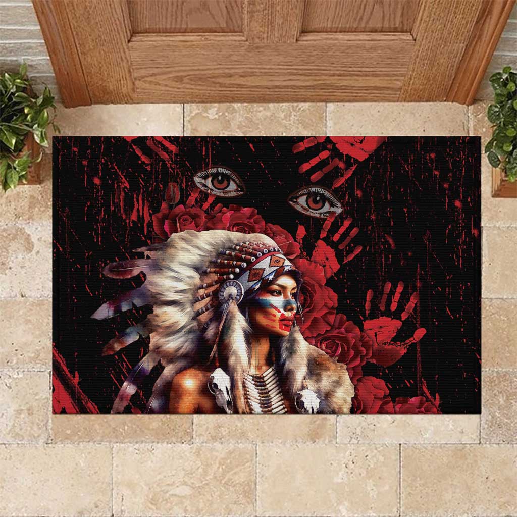 Native American MMIW Rubber Doormat Red Indian Women With Red Handprint