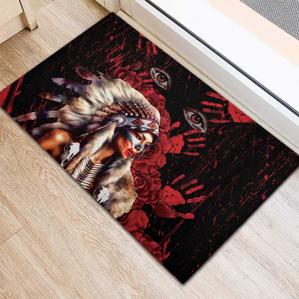 Native American MMIW Rubber Doormat Red Indian Women With Red Handprint