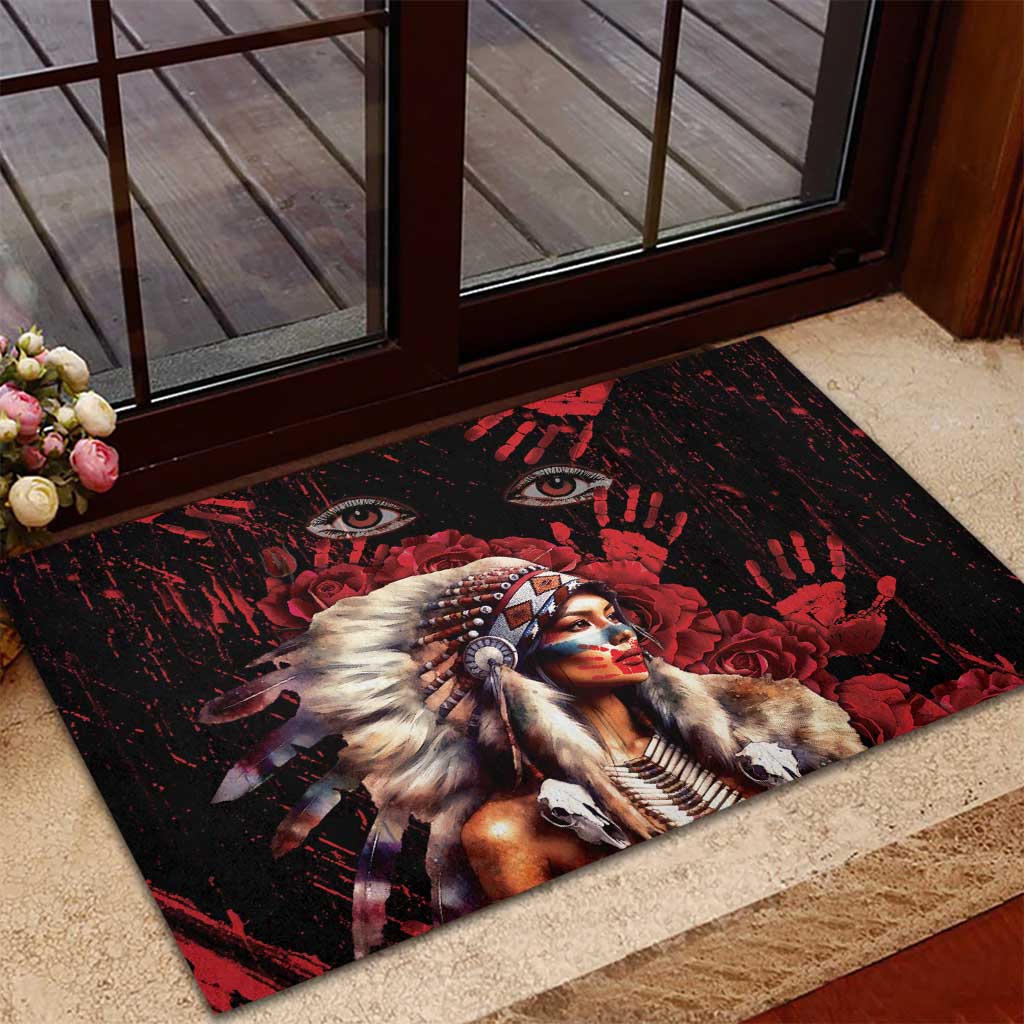 Native American MMIW Rubber Doormat Red Indian Women With Red Handprint