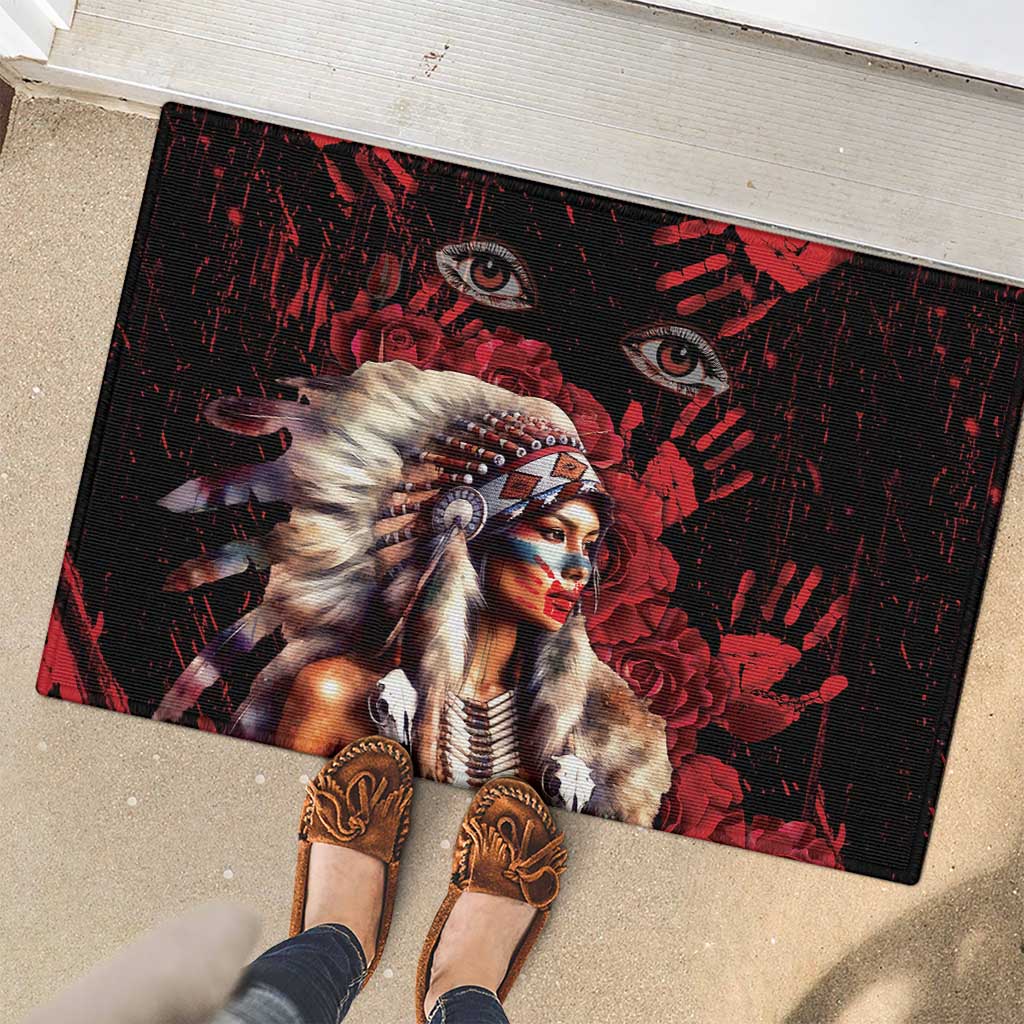 Native American MMIW Rubber Doormat Red Indian Women With Red Handprint