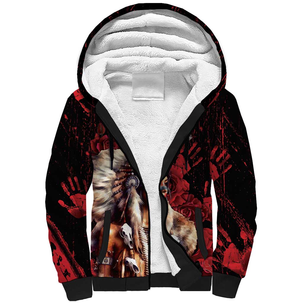 Native American MMIW Sherpa Hoodie Red Indian Women With Red Handprint