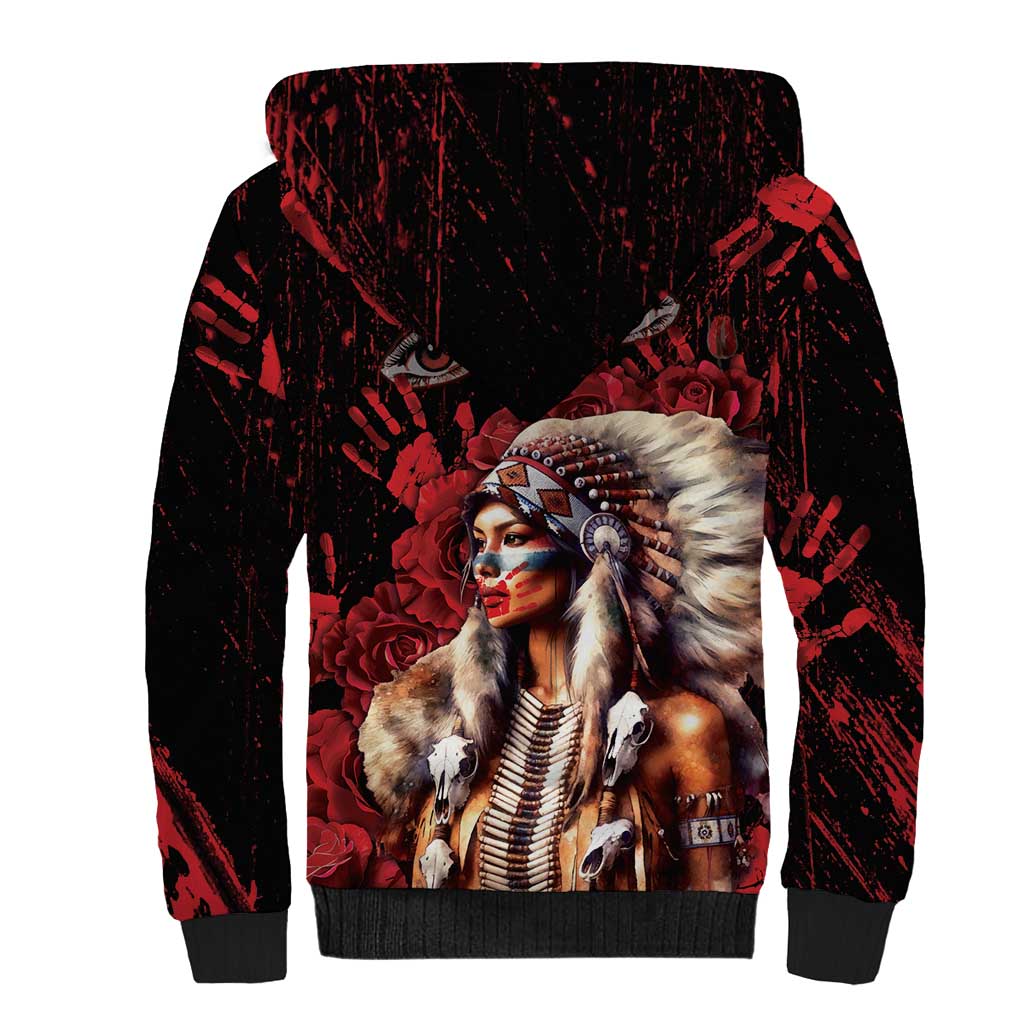 Native American MMIW Sherpa Hoodie Red Indian Women With Red Handprint