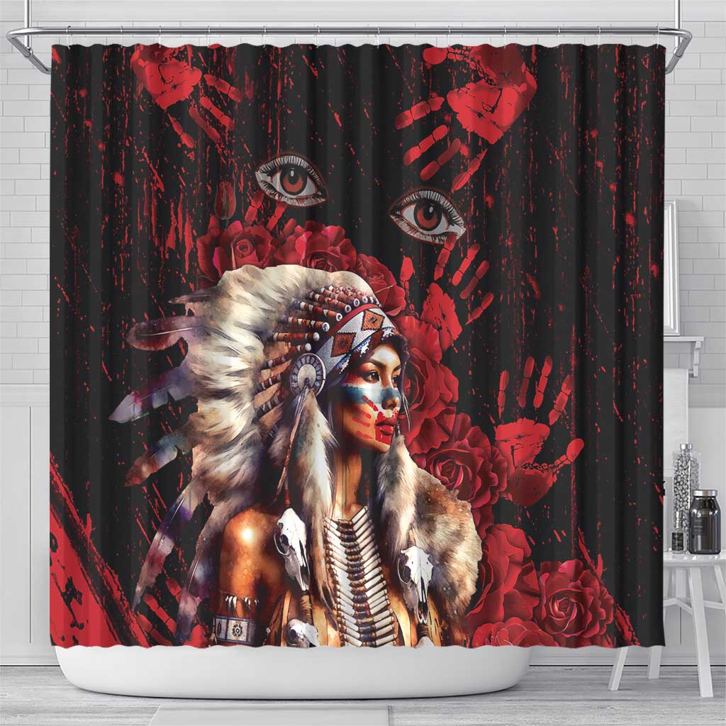 Native American MMIW Shower Curtain Red Indian Women With Red Handprint
