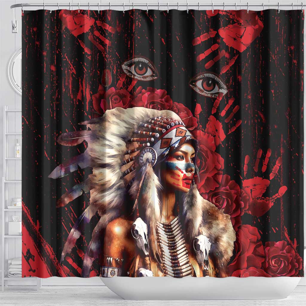 Native American MMIW Shower Curtain Red Indian Women With Red Handprint