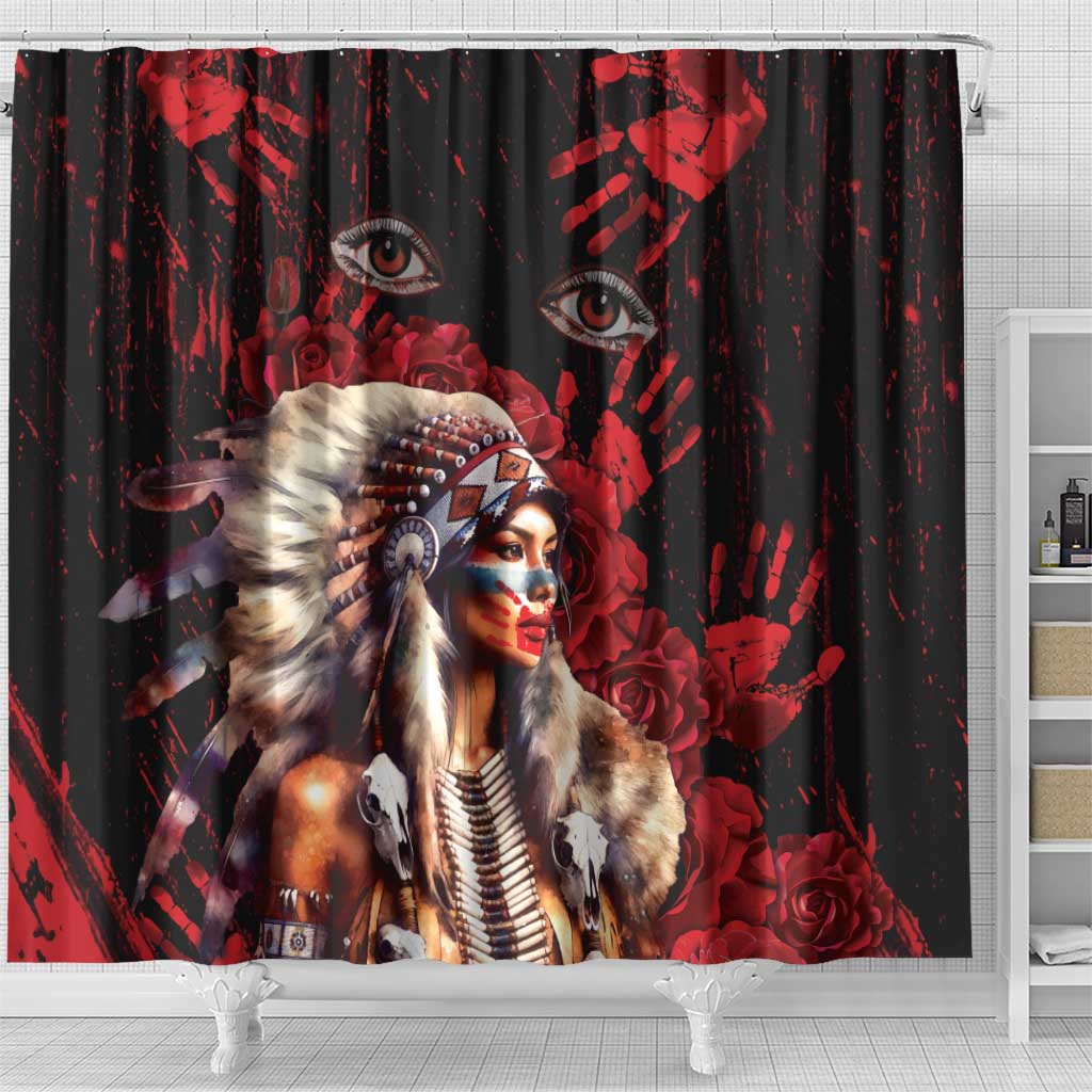 Native American MMIW Shower Curtain Red Indian Women With Red Handprint