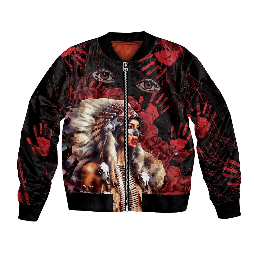 Native American MMIW Sleeve Zip Bomber Jacket Red Indian Women With Red Handprint