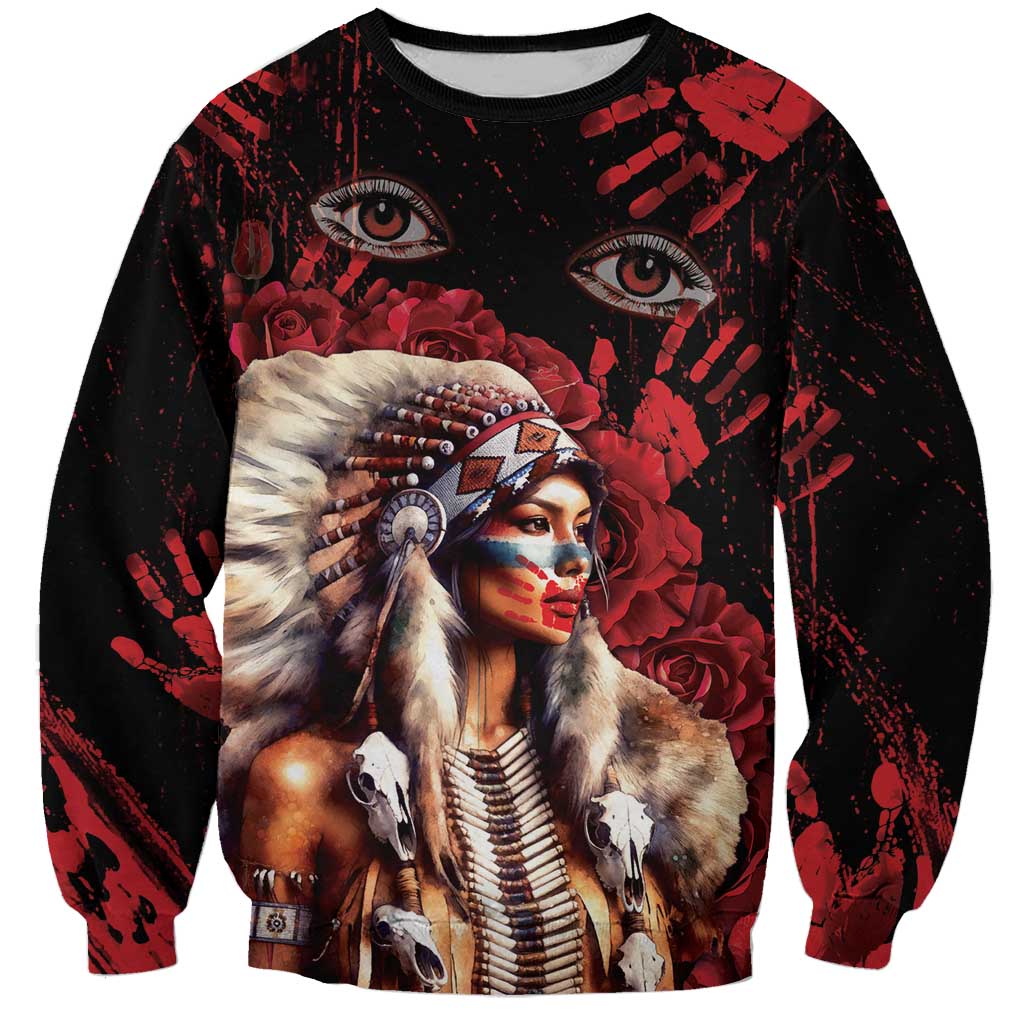 Native American MMIW Sweatshirt Red Indian Women With Red Handprint