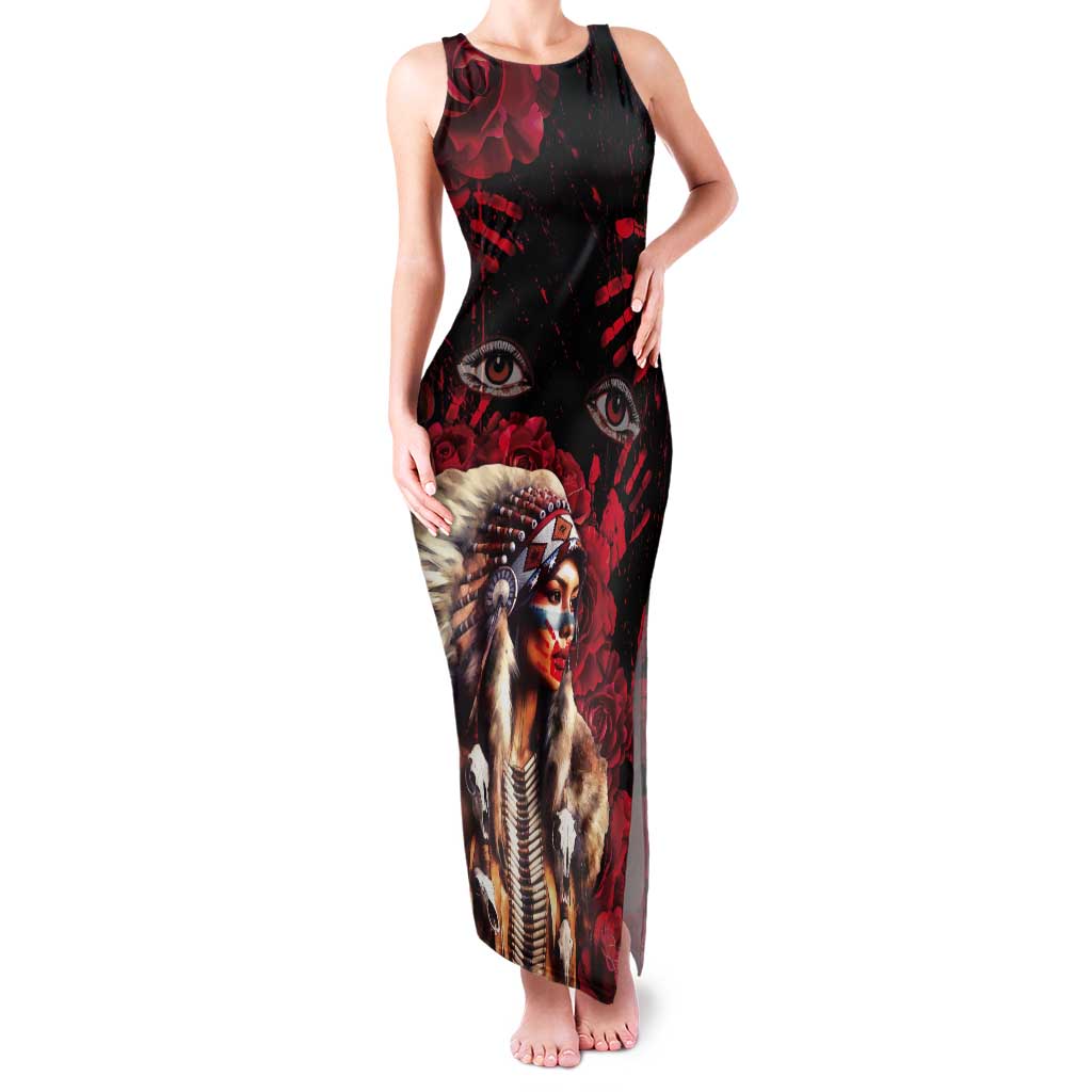 Native American MMIW Tank Maxi Dress Red Indian Women With Red Handprint