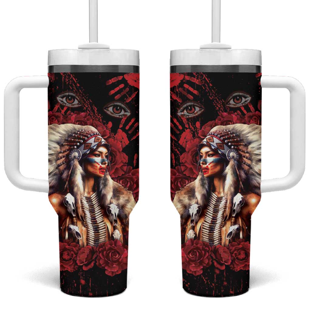 Native American MMIW Tumbler With Handle Red Indian Women With Red Handprint