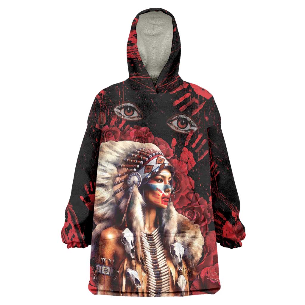 Native American MMIW Wearable Blanket Hoodie Red Indian Women With Red Handprint