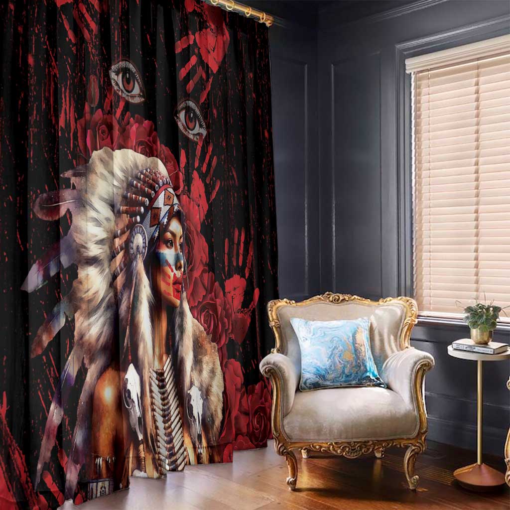 Native American MMIW Window Curtain Red Indian Women With Red Handprint