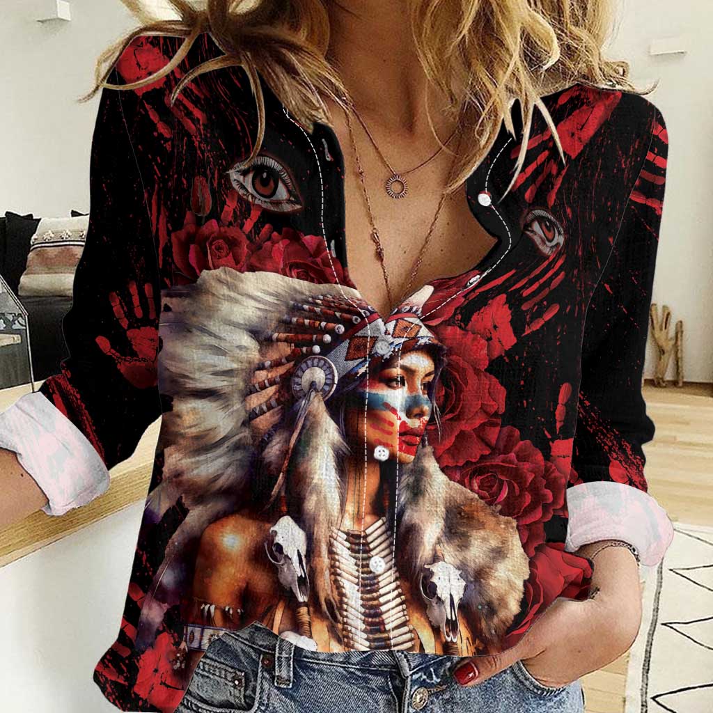 Native American MMIW Women Casual Shirt Red Indian Women With Red Handprint
