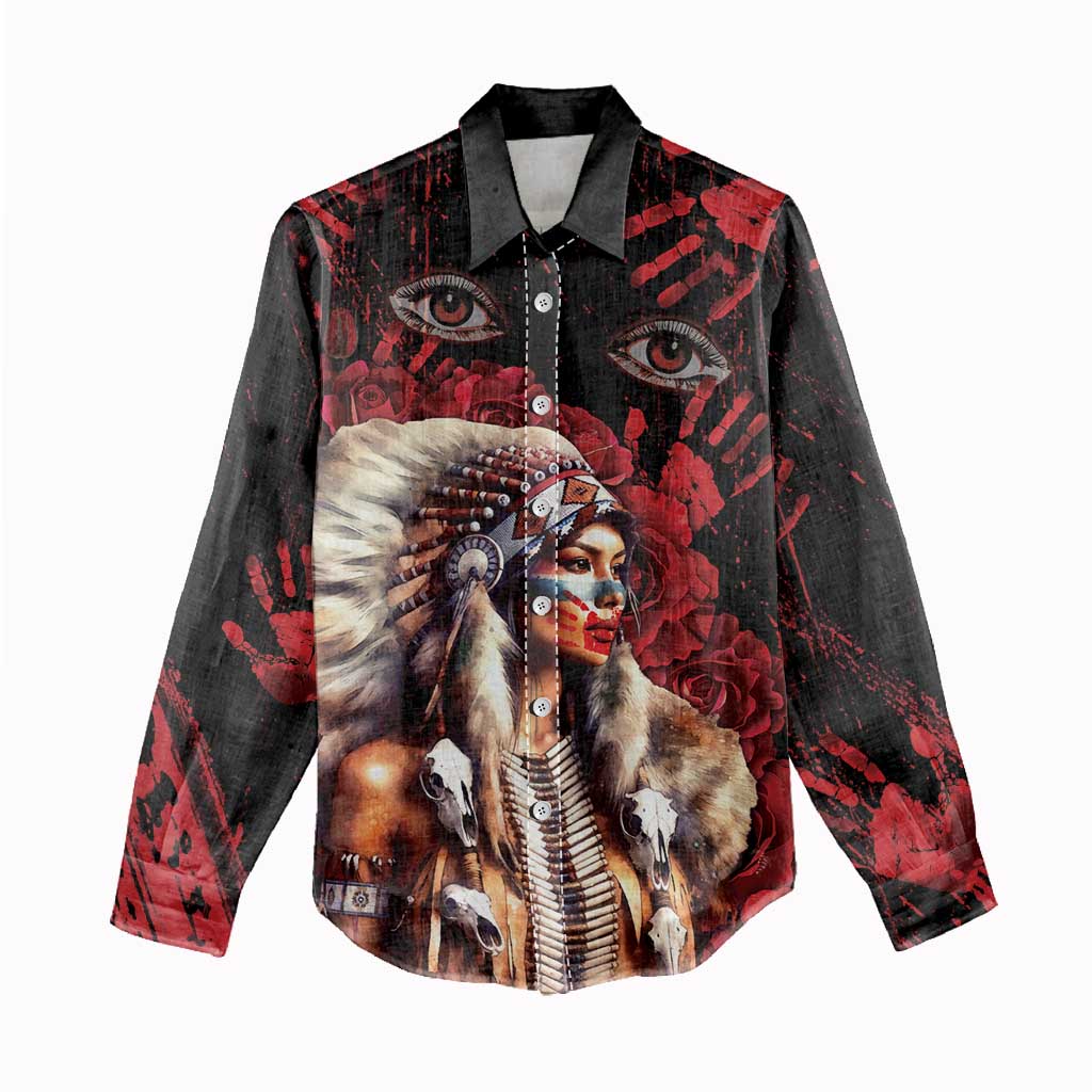 Native American MMIW Women Casual Shirt Red Indian Women With Red Handprint