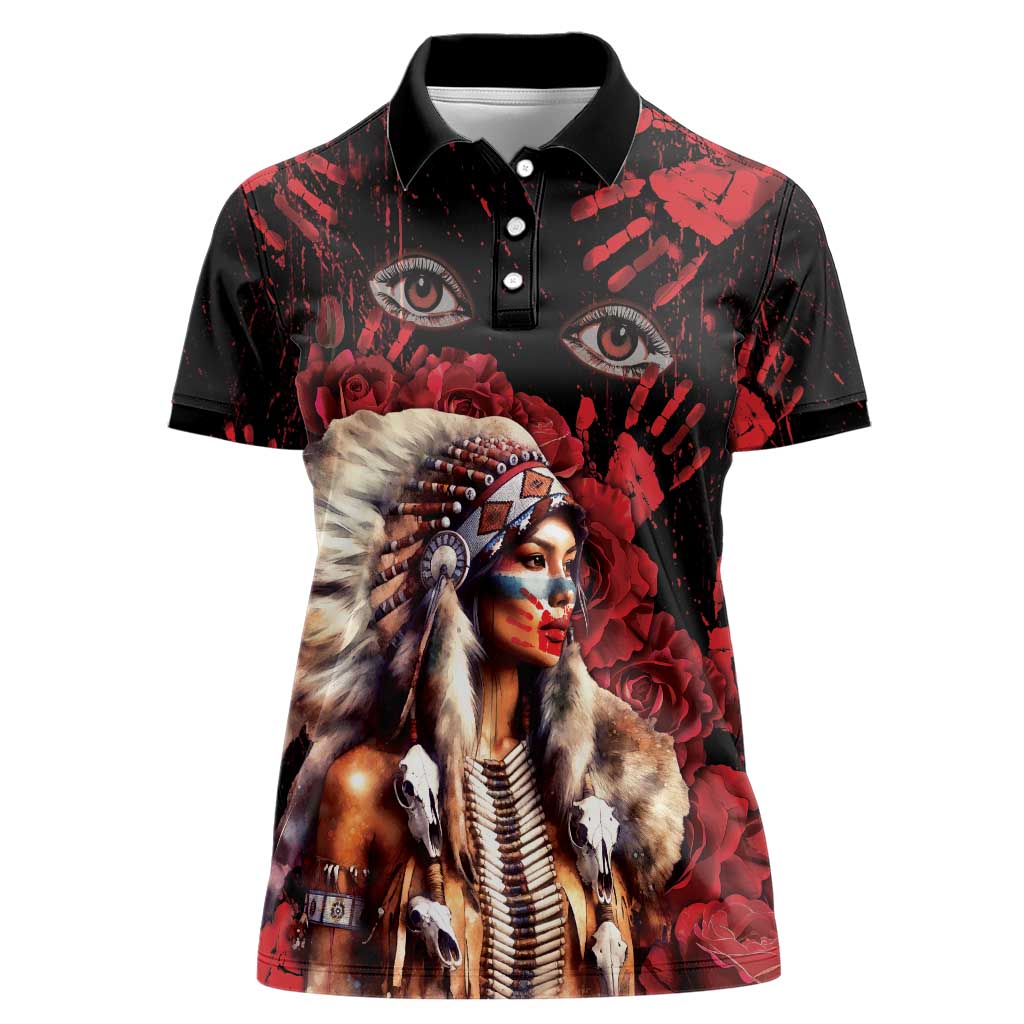 Native American MMIW Women Polo Shirt Red Indian Women With Red Handprint