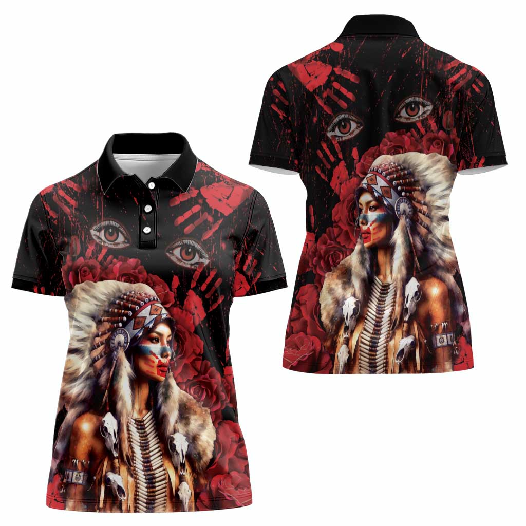 Native American MMIW Women Polo Shirt Red Indian Women With Red Handprint
