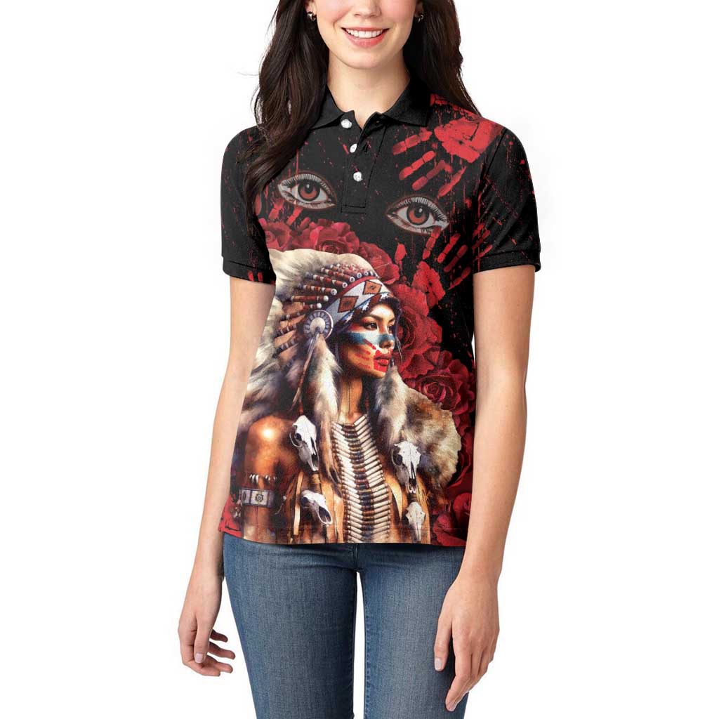 Native American MMIW Women Polo Shirt Red Indian Women With Red Handprint
