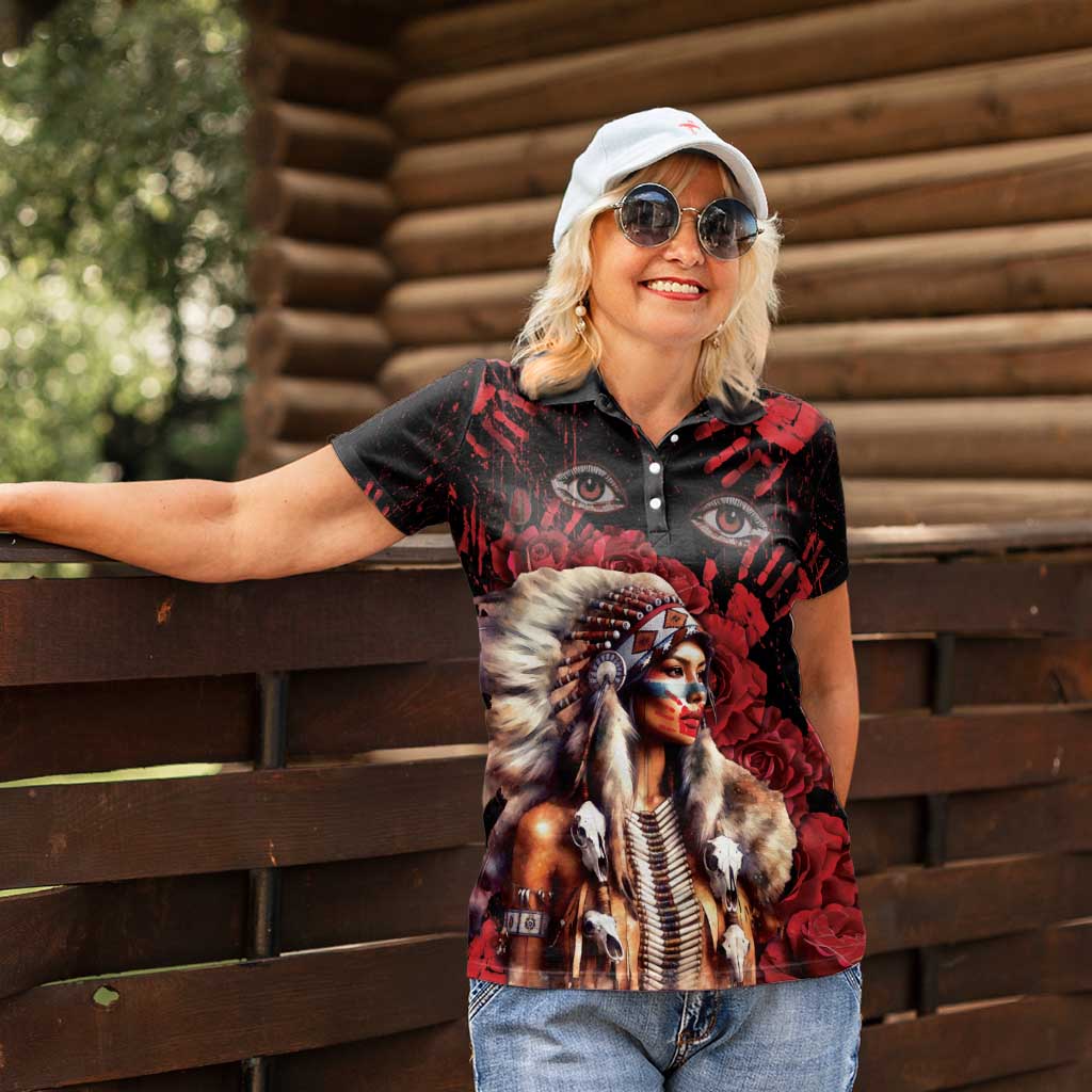 Native American MMIW Women Polo Shirt Red Indian Women With Red Handprint