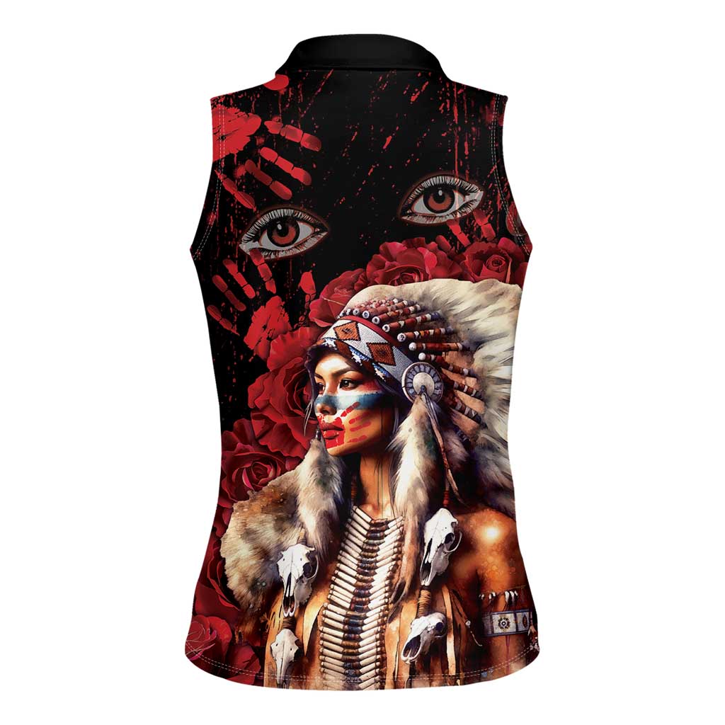 Native American MMIW Women Sleeveless Polo Shirt Red Indian Women With Red Handprint