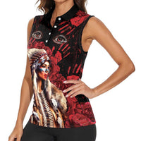 Native American MMIW Women Sleeveless Polo Shirt Red Indian Women With Red Handprint