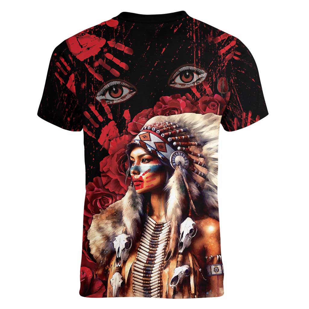 Native American MMIW Women V-Neck T-Shirt Red Indian Women With Red Handprint