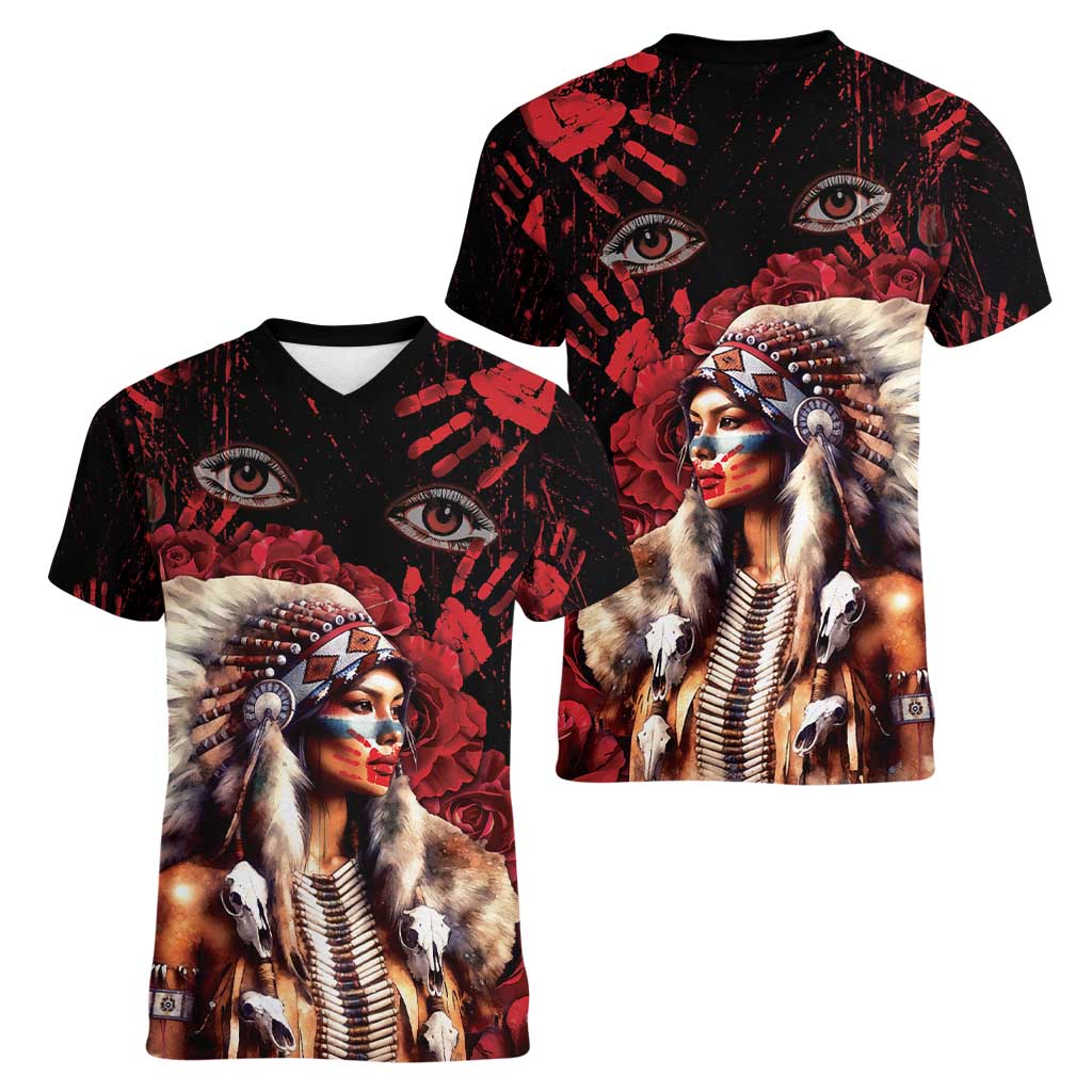 Native American MMIW Women V-Neck T-Shirt Red Indian Women With Red Handprint