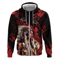 Native American MMIW Zip Hoodie Red Indian Women With Red Handprint