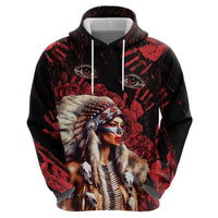 Native American MMIW Zip Hoodie Red Indian Women With Red Handprint